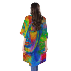 Colorful Buddha Print Open Front Beach Cover Up