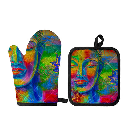 Colorful Buddha Print Oven Mitt And Pot Holder Set