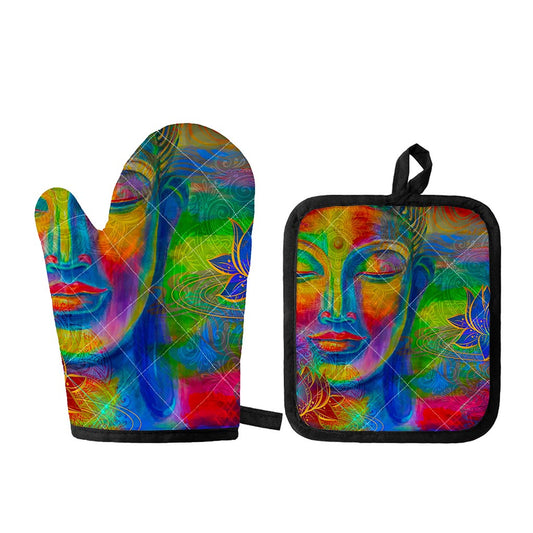 Colorful Buddha Print Oven Mitt And Pot Holder Set