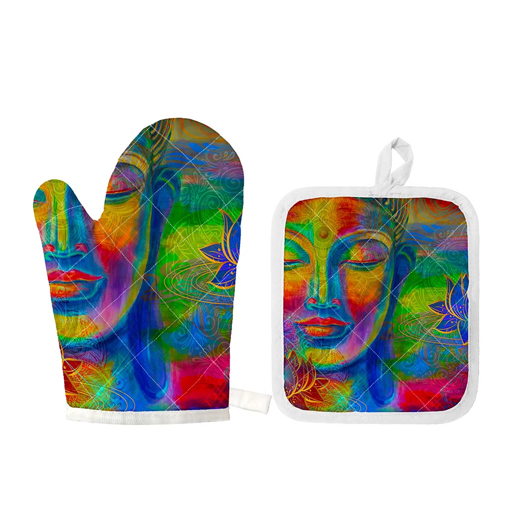 Colorful Buddha Print Oven Mitt And Pot Holder Set