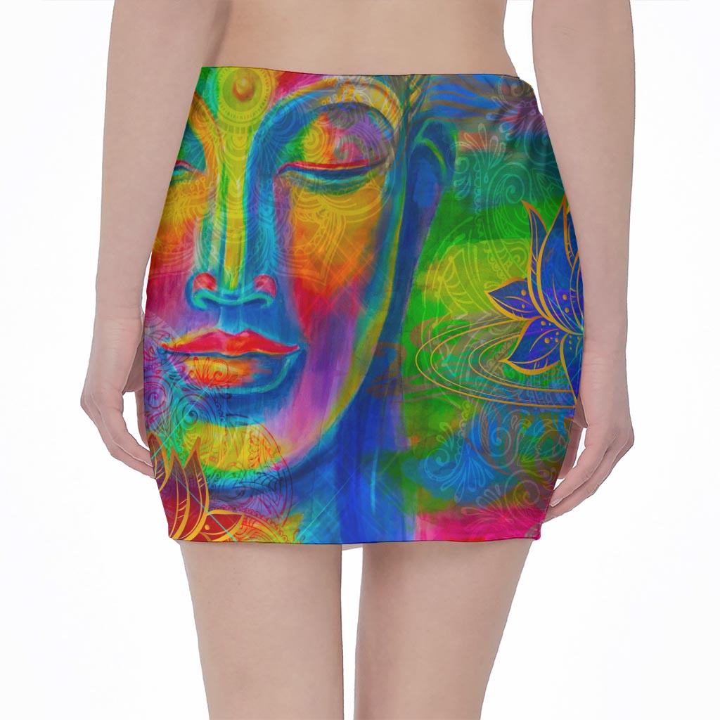 Colorful Buddha Print Pencil Mini Skirt