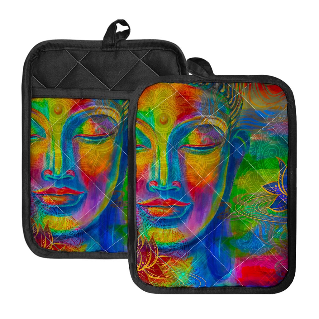 Colorful Buddha Print Pot Holders With Pocket