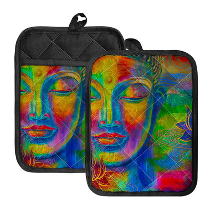 Colorful Buddha Print Pot Holders With Pocket