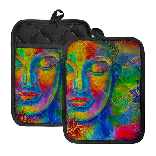 Colorful Buddha Print Pot Holders With Pocket