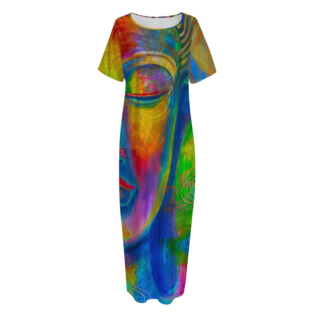 Colorful Buddha Print Short Sleeve Long Nightdress