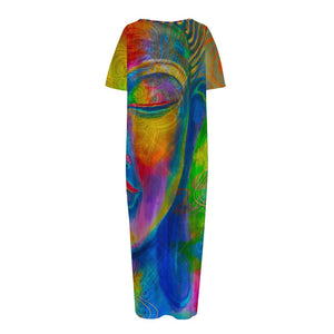 Colorful Buddha Print Short Sleeve Long Nightdress