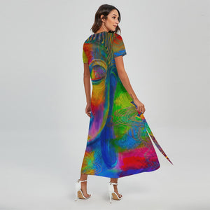 Colorful Buddha Print Short Sleeve Maxi Dress