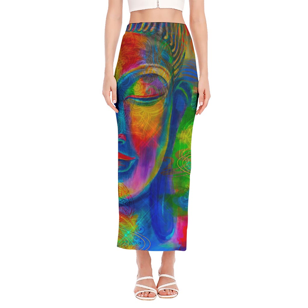 Colorful Buddha Print Side Slit Maxi Skirt