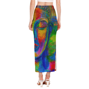 Colorful Buddha Print Side Slit Maxi Skirt