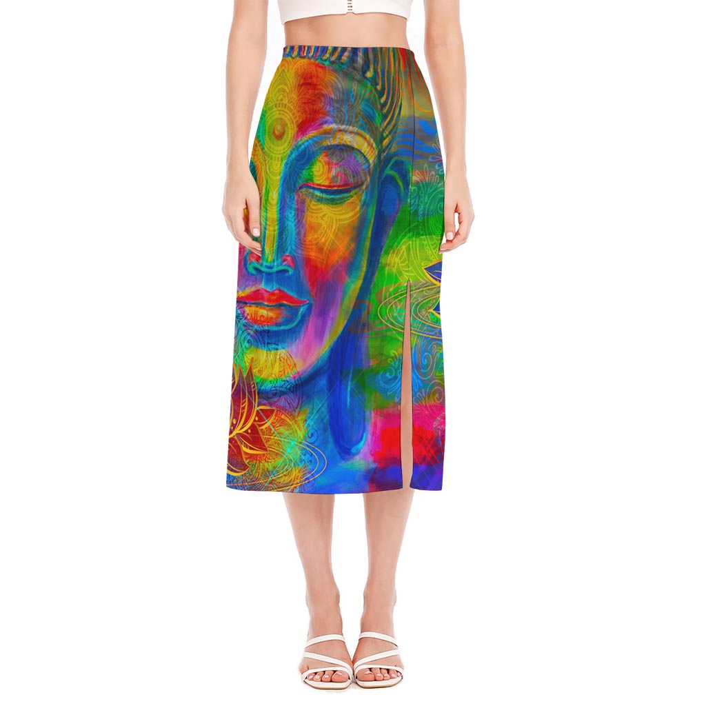 Colorful Buddha Print Side Slit Midi Skirt