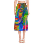 Colorful Buddha Print Side Slit Midi Skirt