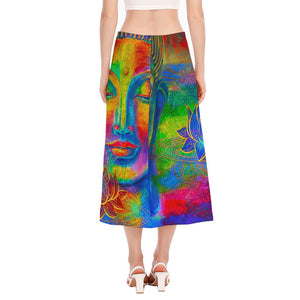 Colorful Buddha Print Side Slit Midi Skirt