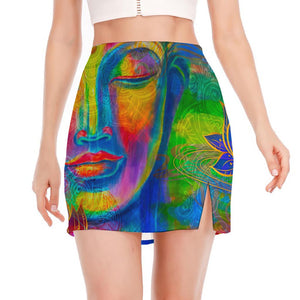 Colorful Buddha Print Side Slit Mini Skirt