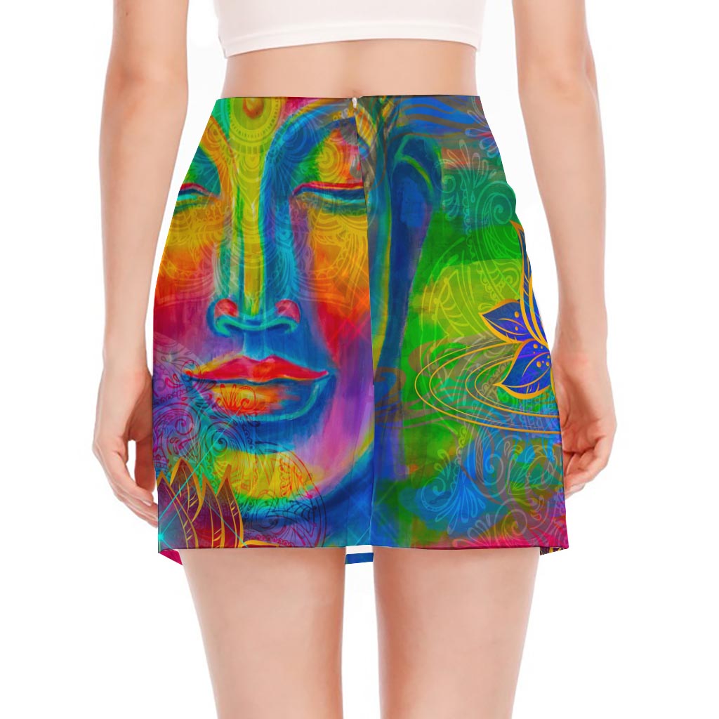 Colorful Buddha Print Side Slit Mini Skirt