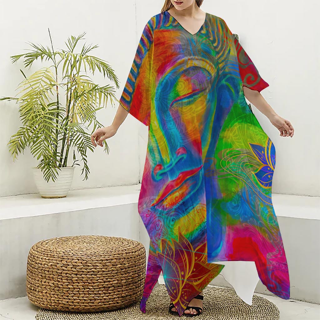 Colorful Buddha Print Silk V-Neck Kaftan Dress