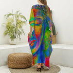 Colorful Buddha Print Silk V-Neck Kaftan Dress