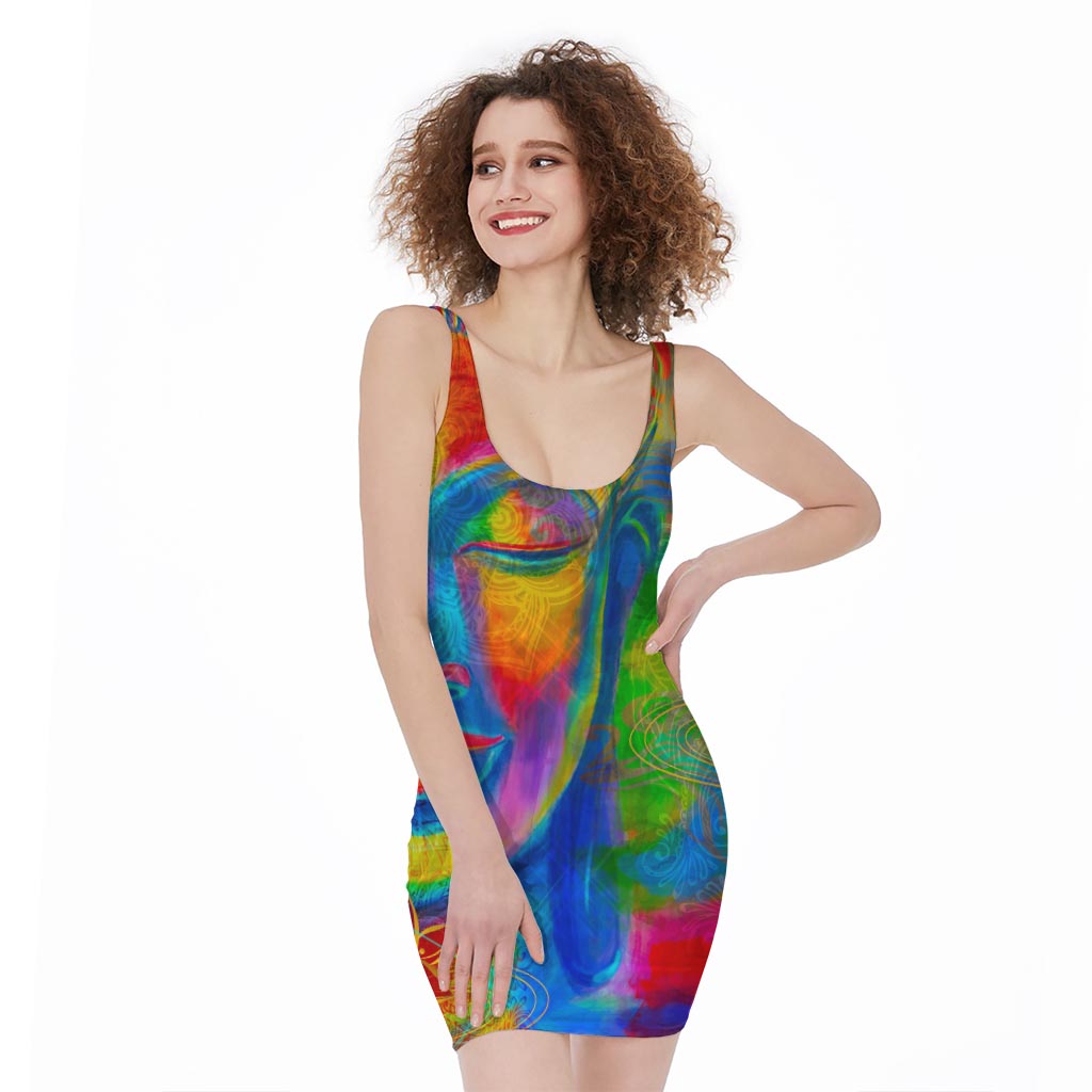 Colorful Buddha Print Sleeveless Bodycon Dress