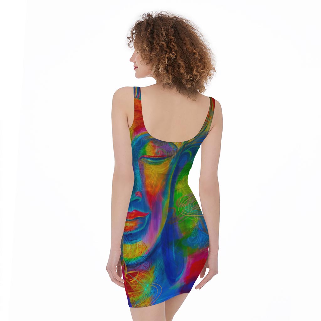 Colorful Buddha Print Sleeveless Bodycon Dress