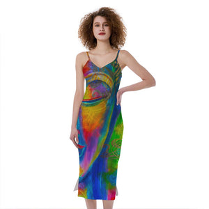 Colorful Buddha Print Slim Fit Midi Cami Dress