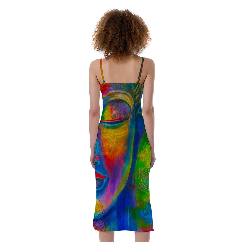 Colorful Buddha Print Slim Fit Midi Cami Dress