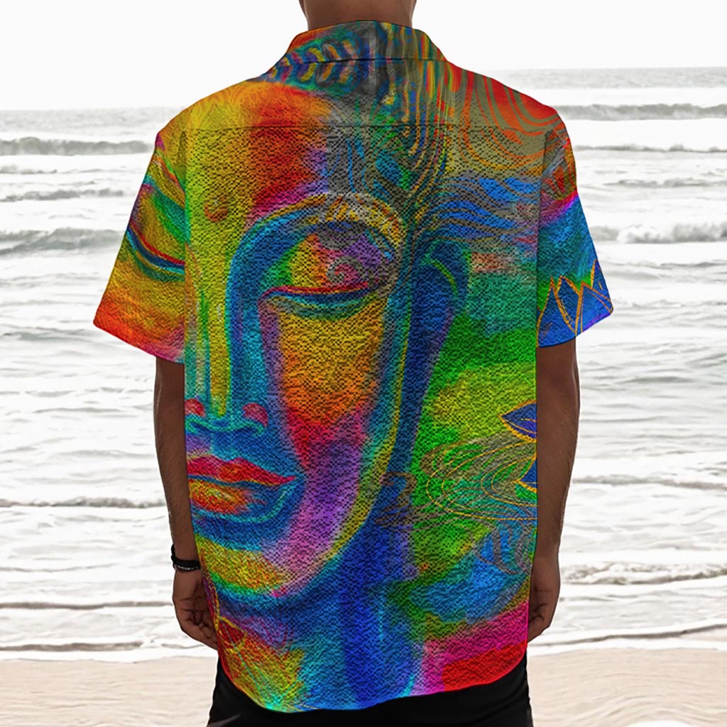 Colorful Buddha Print Textured Short Sleeve Shirt