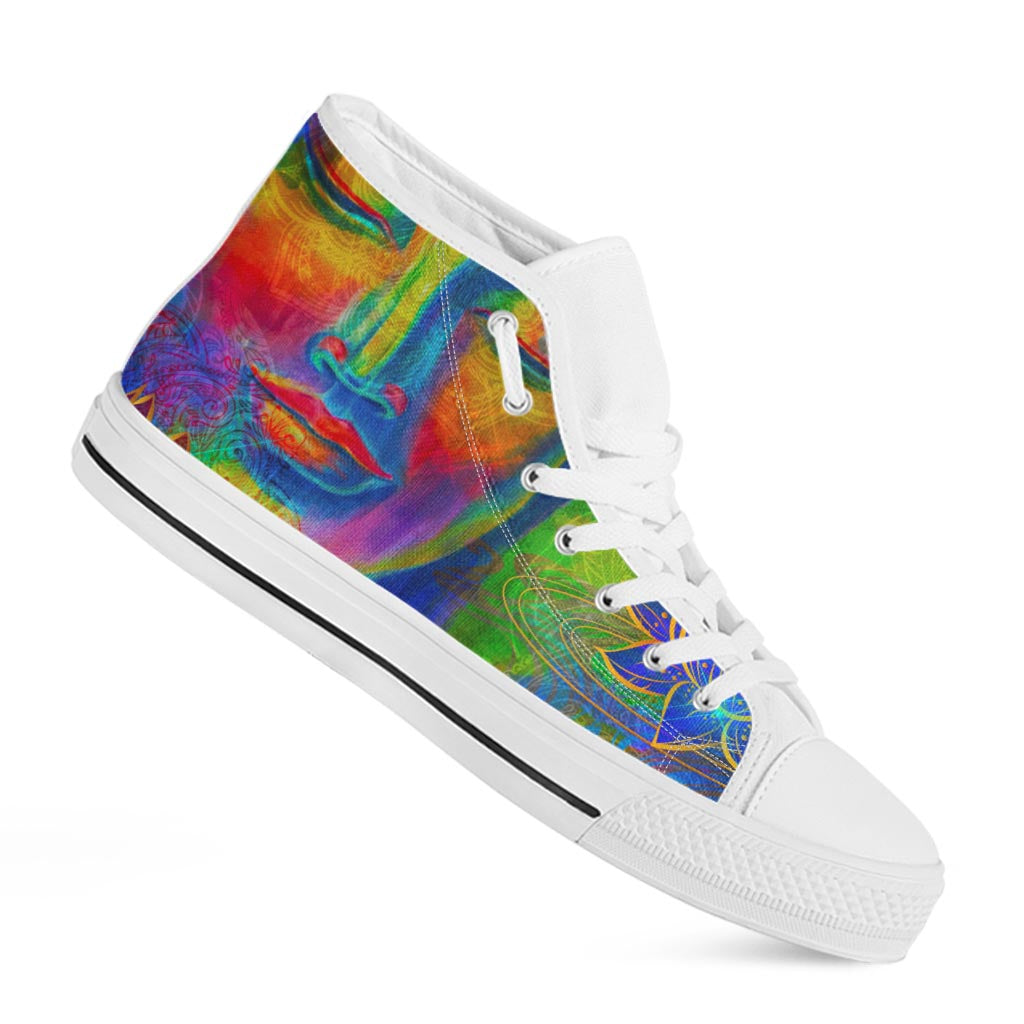 Colorful Buddha Print White High Top Sneakers