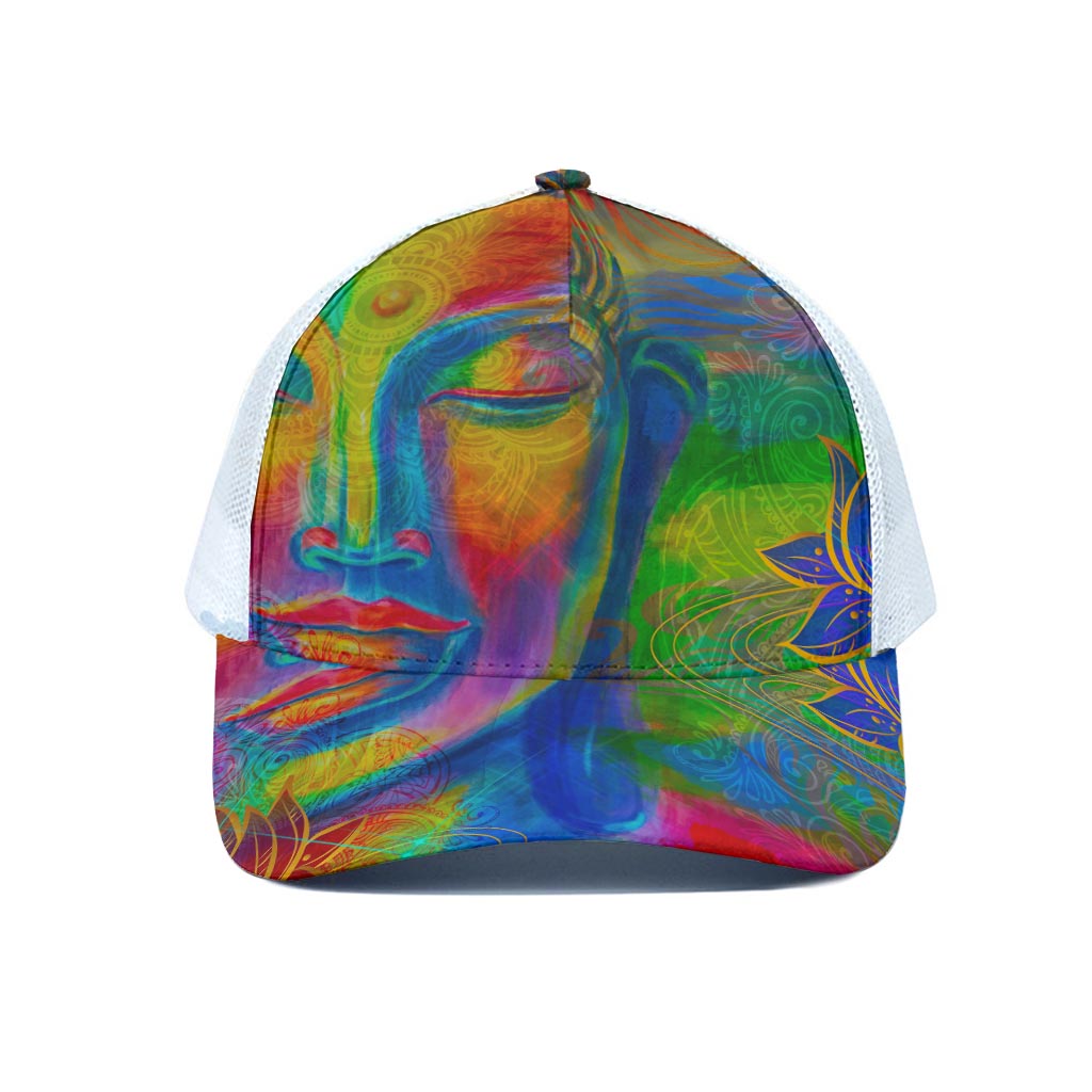 Colorful Buddha Print White Mesh Trucker Cap