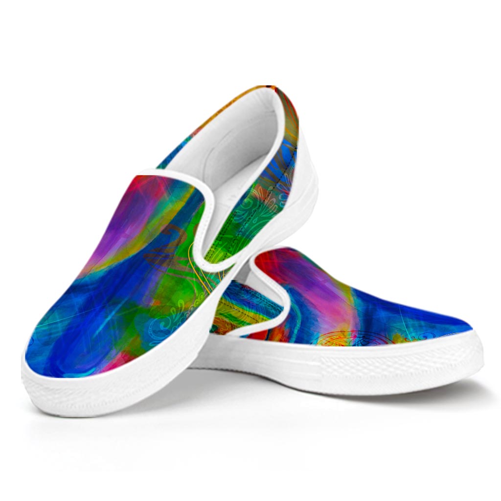 Colorful Buddha Print White Slip On Sneakers