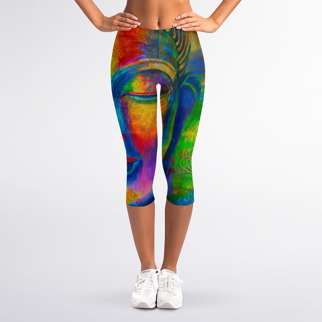 Colorful Buddha Print Women's Capri Leggings