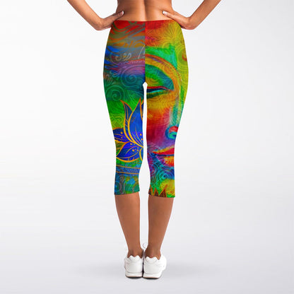 Colorful Buddha Print Women's Capri Leggings