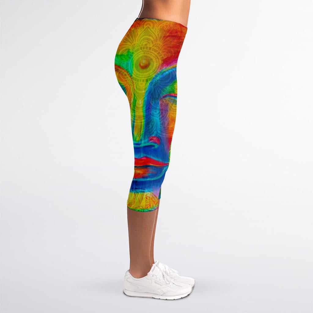 Colorful Buddha Print Women's Capri Leggings