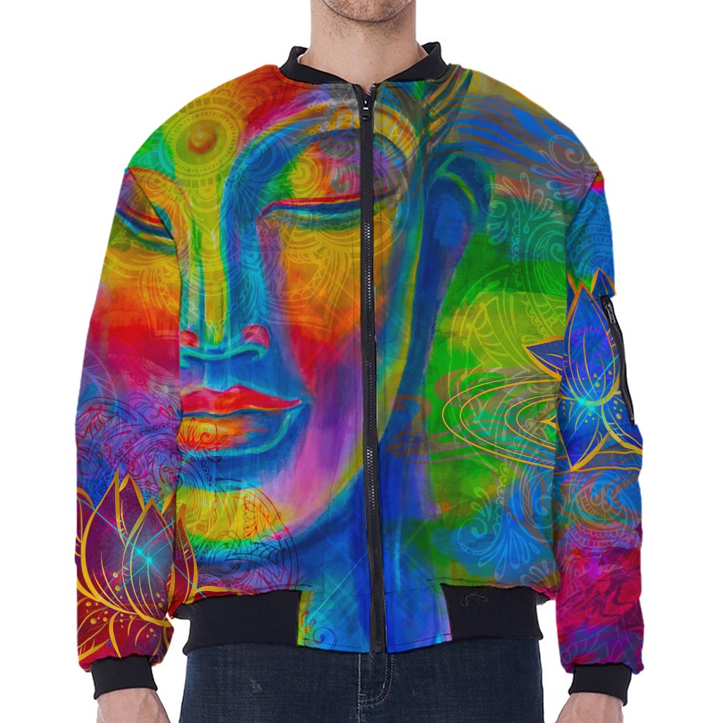 Colorful Buddha Print Zip Sleeve Bomber Jacket