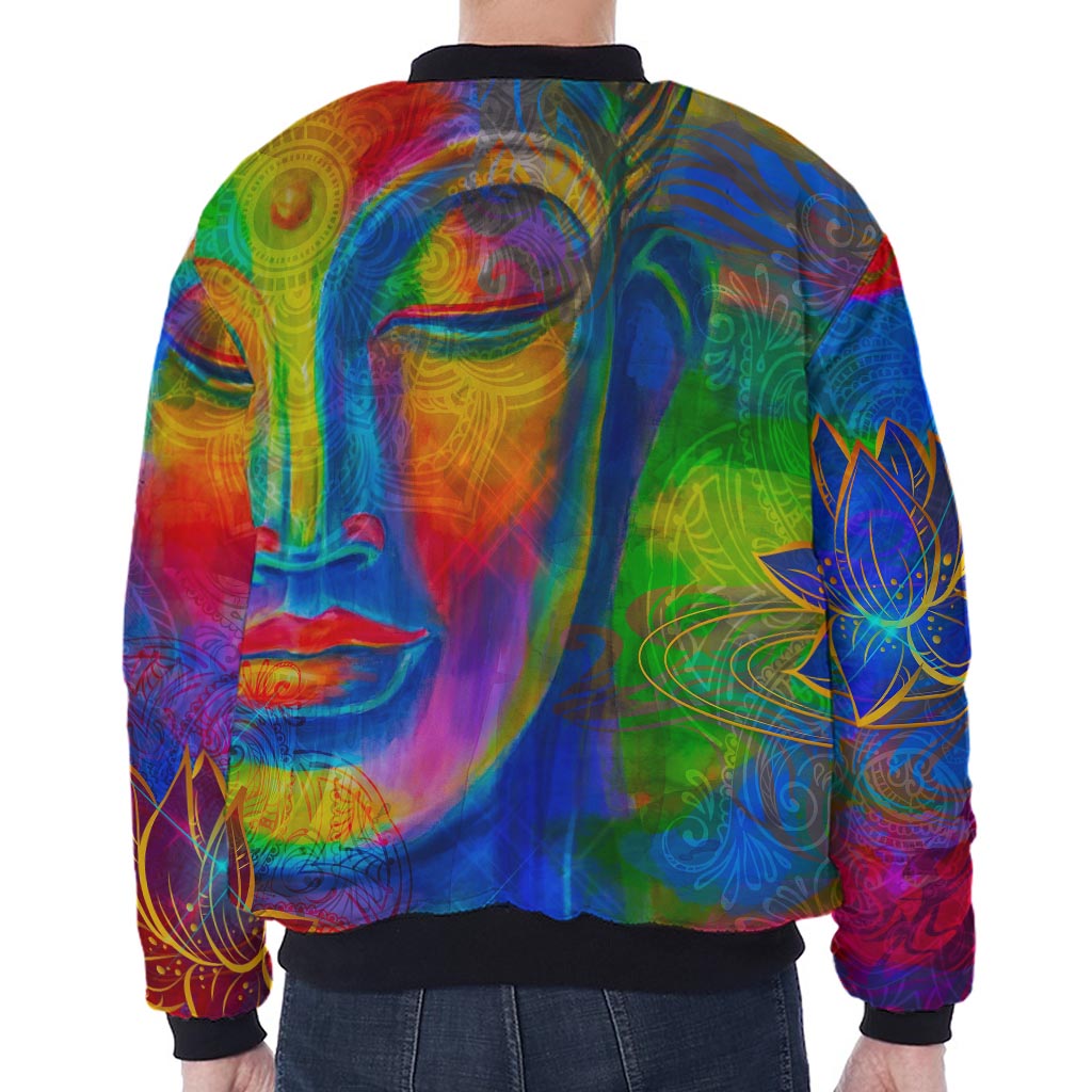 Colorful Buddha Print Zip Sleeve Bomber Jacket