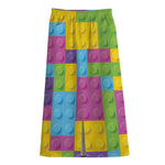 Colorful Building Blocks Pattern Print Cotton Front Slit Maxi Skirt