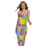 Colorful Building Blocks Pattern Print Cross Back Cami Dress