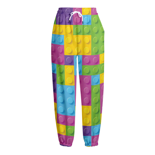 Colorful Building Blocks Pattern Print Fleece Lined Knit Pants