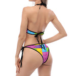 Colorful Building Blocks Pattern Print Halter Scoop Tie Side Bikini