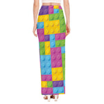 Colorful Building Blocks Pattern Print High Slit Maxi Skirt
