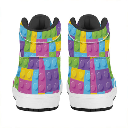 Colorful Building Blocks Pattern Print High Top Leather Sneakers