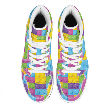 Colorful Building Blocks Pattern Print High Top Leather Sneakers