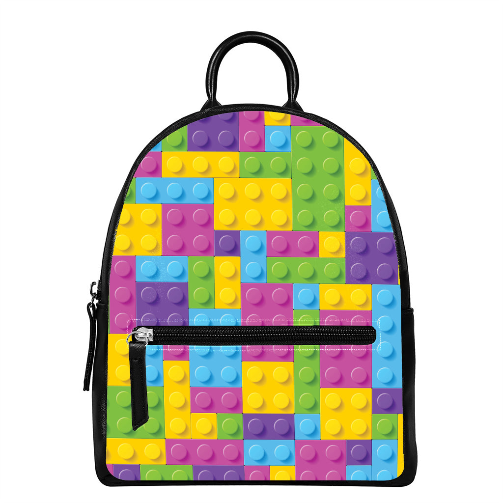 Colorful Building Blocks Pattern Print Leather Backpack