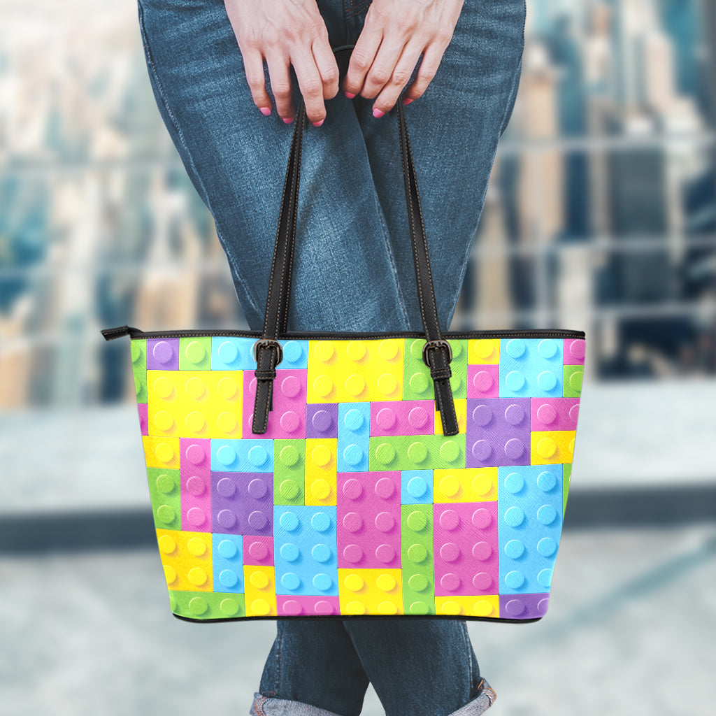 Colorful Building Blocks Pattern Print Leather Tote Bag