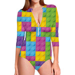 Colorful Building Blocks Pattern Print Long Sleeve Swimsuit
