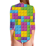 Colorful Building Blocks Pattern Print Long Sleeve Swimsuit
