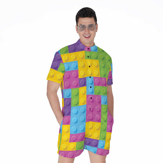 Colorful Building Blocks Pattern Print Men's Rompers