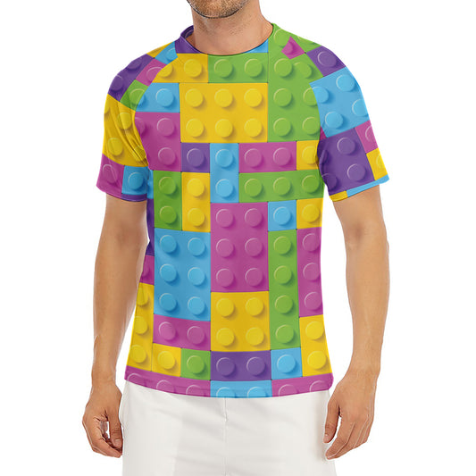 Colorful Building Blocks Pattern Print Men's Short Sleeve Rash Guard