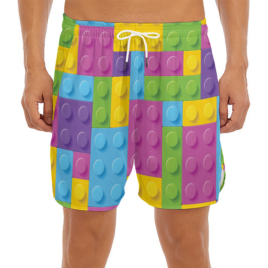 Colorful Building Blocks Pattern Print Men's Split Running Shorts