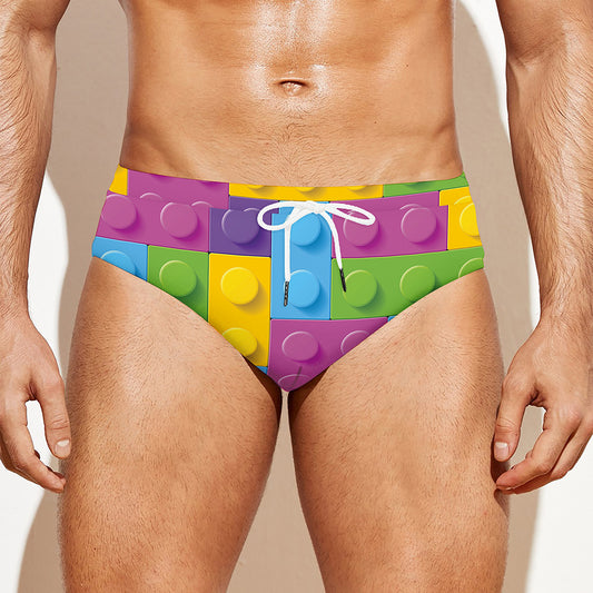 Colorful Building Blocks Pattern Print Men's Swim Briefs