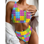 Colorful Building Blocks Pattern Print One Shoulder Bikini Top