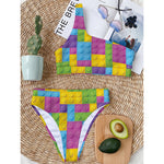 Colorful Building Blocks Pattern Print One Shoulder Bikini Top